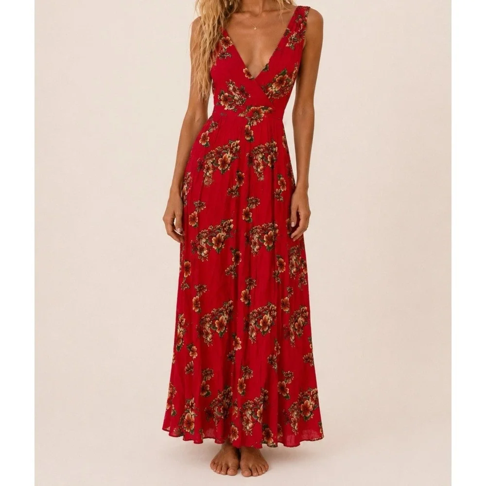 red floral dress lulus Lulus | Red Floral Cowl Neck Maxi Dress | Womens | X-Small (Available in S, M, XL)